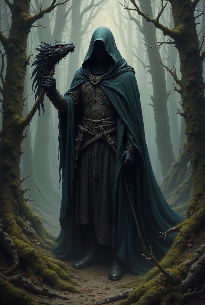 A hooded hunter , with bright eyes,  holding the head of a black dragon,  in a dark forest , take the key,  Gothic style ,  oil painting. realistic", "Fantasy", "sombrio", "epic