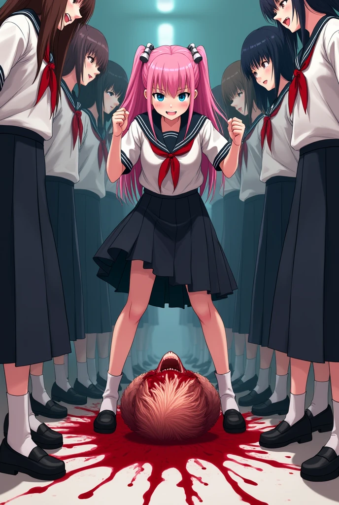 A group of high school girls wearing black long skirts、The boy lying on the floor has his neck grabbed、a bag is placed over his head to suffocate him.。,Girl with pink hair、blue eyes、Twin Drill