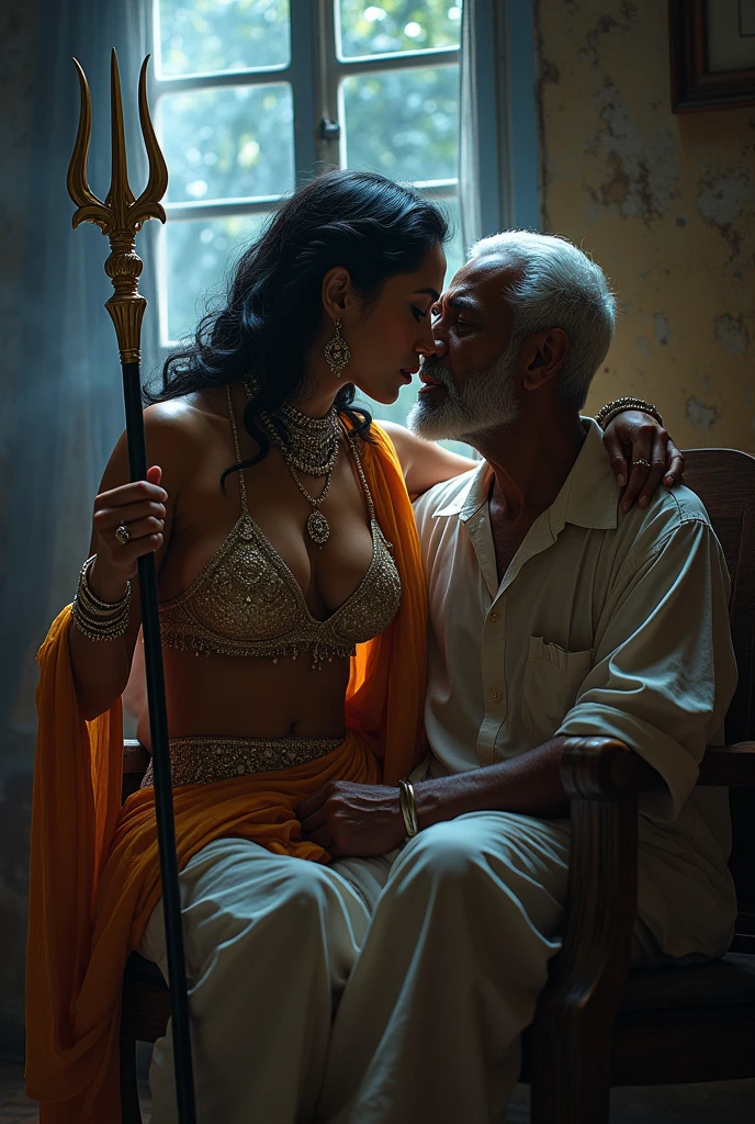 Generate a tender and romantic digital illustration of an Indian lady her grandpha while lying on a luxury bed. Capture the warmth of their connection, paying attention to cultural details in their luxury attire and surroundings. Create an atmosphere of intimacy and affection, portraying the beauty of their relationship. (show cleaveage), (show underboob), (show sexy belly). (show thigh), luxury bedroom