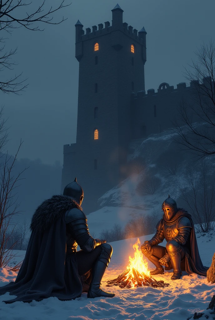 2 knights sitting next to a campfire , on a dark snowy night - SeaArt AI