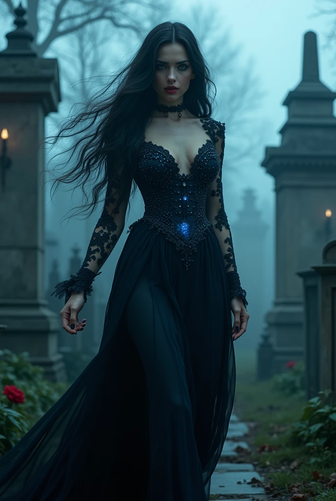 1 beautiful woman, (Not Nude), Dark hair, long wavy hair, blue eyes, sexy Bella, super vampire, gothic girl, full slender body, long legs, narrow waist. She walks through the cemetery, sparkling with unnatural light of her body.