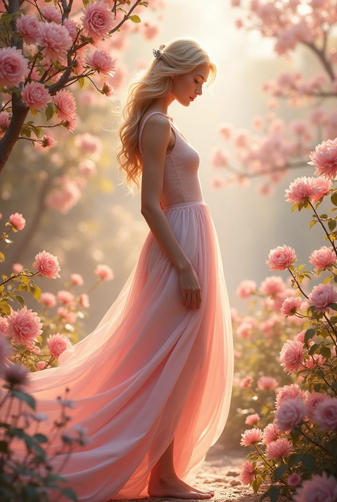 (((Goddess of Love:1.4))), (((ethereal beauty:1.4))), (romantic and divine presence:1.4), a radiant figure with soft, flowing hair that cascades like silk, eyes filled with warmth and affection, dressed in delicate, shimmering fabrics that flow gracefully around her, (wearing a gown of soft pinks, warm golds, and gentle whites:1.2), (glowing skin with a soft, warm light:1.2), (a serene and loving expression, symbolizing the pure essence of love:1.2), (surrounded by an aura of delicate rose petals, soft light beams, and gentle swirls of color:1.2), (background with a serene, dreamlike landscape, such as a lush garden in full bloom, bathed in warm sunlight:1.4), (elements of heart motifs and floral designs subtly integrated into the scene:1.2), (a soft, glowing light around her, symbolizing the warmth and comfort of love:1.4), perfect image quality, (((an artistic representation that evokes feelings of love, peace, and beauty))), divine and captivating, detailed face and eyes, intricate textures, harmonious composition