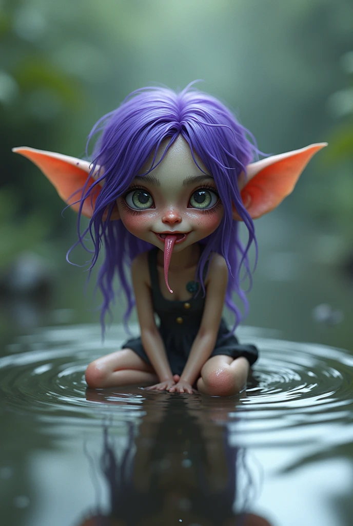 one girl, elf ears, , pure, cute naked, topless, a Woman alien mix, human Body, big tits, shed skin, alien nose but the Rest of the face ist human, (((whiskers))) big eyes, full black eyes, hybride 10 % elf 30 %alien and 60 % human, face mostly woman, shed kin at Body Arms and shoulders and neck, tits are human , nipples , full black Iris, slender No clothes,snake shed skin, dark purple skin, pink Hair, Iroquois, ,top down POV on the sitting on the floor girl with her mouth open, sticky white translucent liquid shooting down into her mouth
