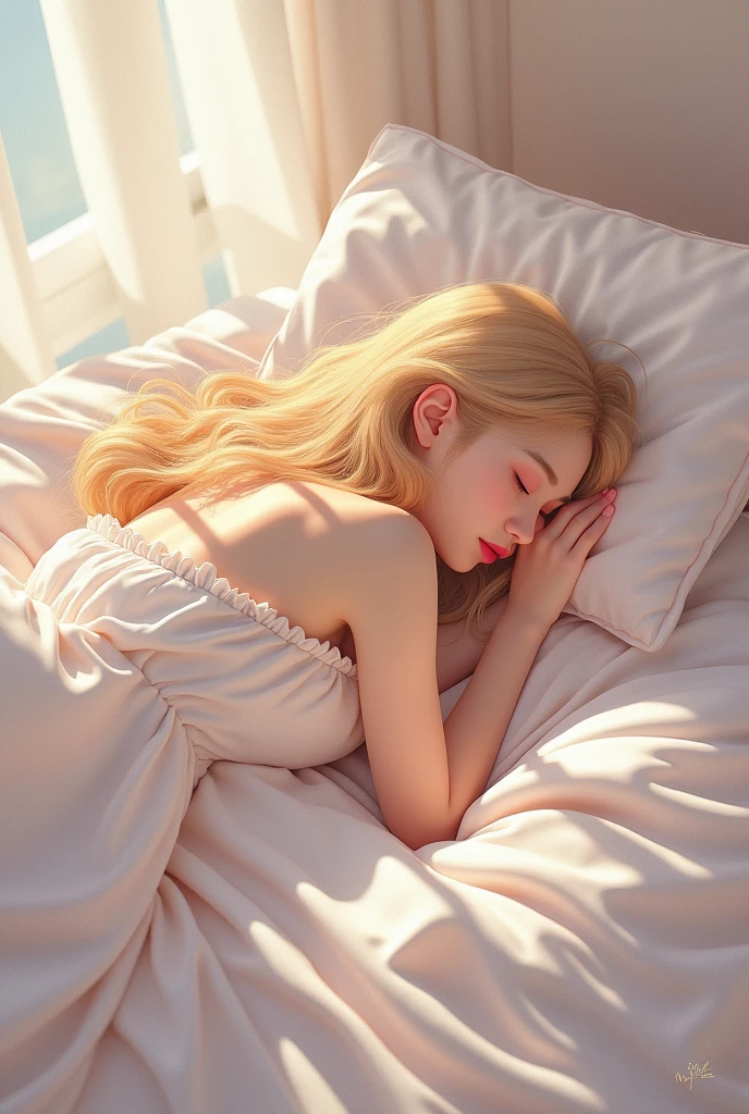 blond woman with pink dress and pink bow laying on bed, lalisa manobal, sleepy fashion model face, lalisa manoban of blackpink, belle delphine, sleeping princess!!!!, sleeping beauty, soft hair, lovely languid princess, with full bangs, dreaming of kissing a girl, ddlc, fluffy bangs, sleepy, sakura kinomoto