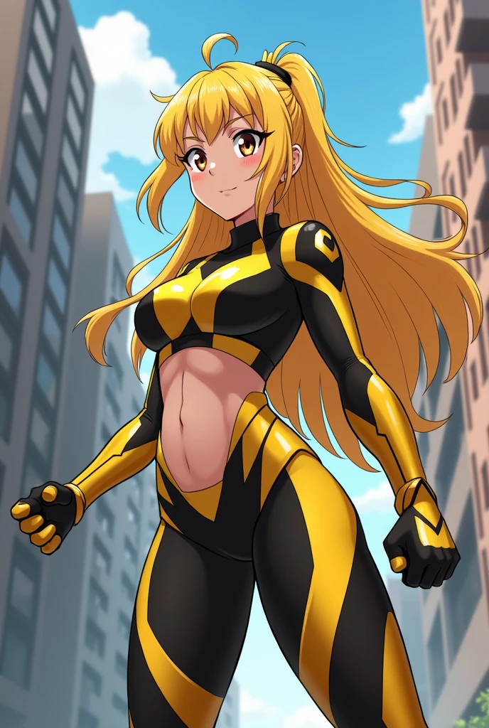 Dressed as a bee, in the bodybuilding gym, long blonde hair, Woman, alone, with bottle of water in hand