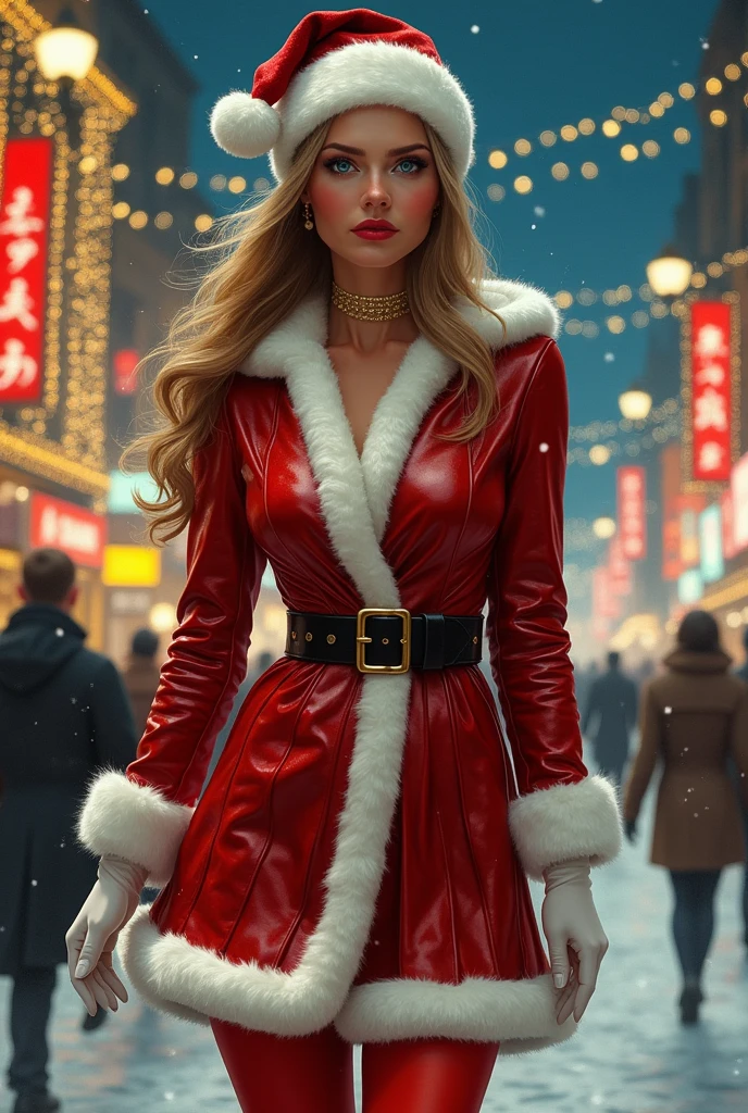 From below, ((full body shot of a gorgeous European blonde woman)), age 23, bun and wavy hair, she's a men magazine model, She has a subtle smile and flirts with the camera, (she’s in the street of a futuristic cyberpunk city with snow), (she’s wears a Victorian cyberpunk Santa Claus red leather suit covering her chest:1.2), perfect eyes, perfect hands, perfect body, perfect hair, perfect breast, hair behind ear, UHD, retina, masterpiece, accurate, anatomically correct, textured skin, super detail, high details, high quality, award winning, best quality, highres, 16k, 8k, cinematic lighting