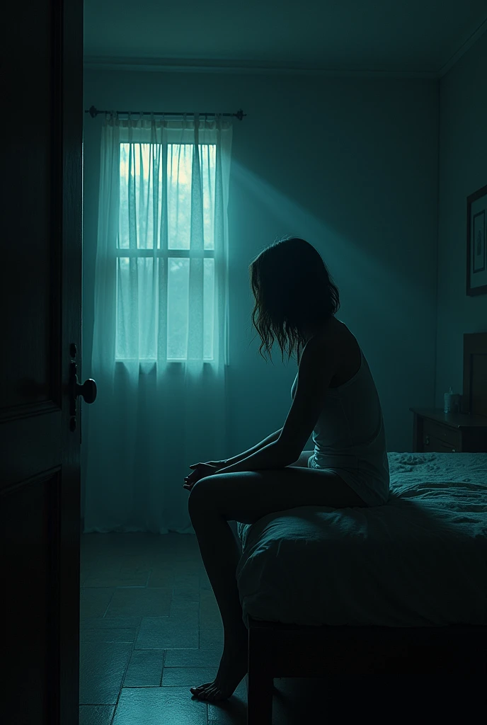a horror night, i am sitting on a bed in dark room