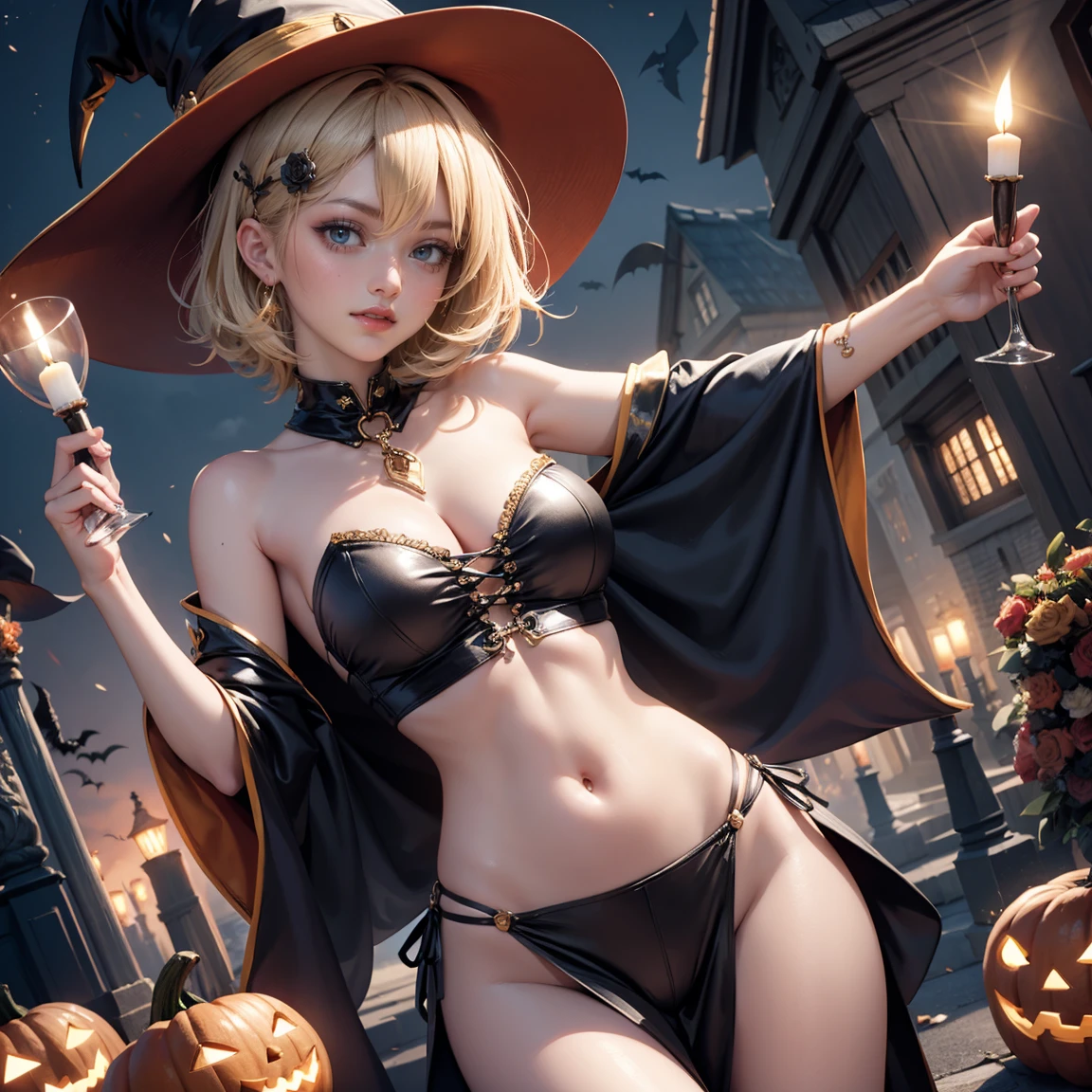 1girl, dress, jewelry, blonde hair, glow hair, flowing hair, ahoge, armpits, witch hat, witch costume, bare shoulders, glow eyes, witch costume for Halloween, Halloween theme, chest sarashi, claw pose, tassel, collarbone, cowboy shot, cute ghost, hair between eyes, hair intakes, halloween, halloween costume, huge ahoge, short hair, looking at viewer, midriff, multicolored hair, witch dress, witch hat on her head, smile, solo, stomach, strapless, streaked hair, thigh gap, thighs, tube top, hair clips, pumpkin lantern, candle, cemetery scenery 