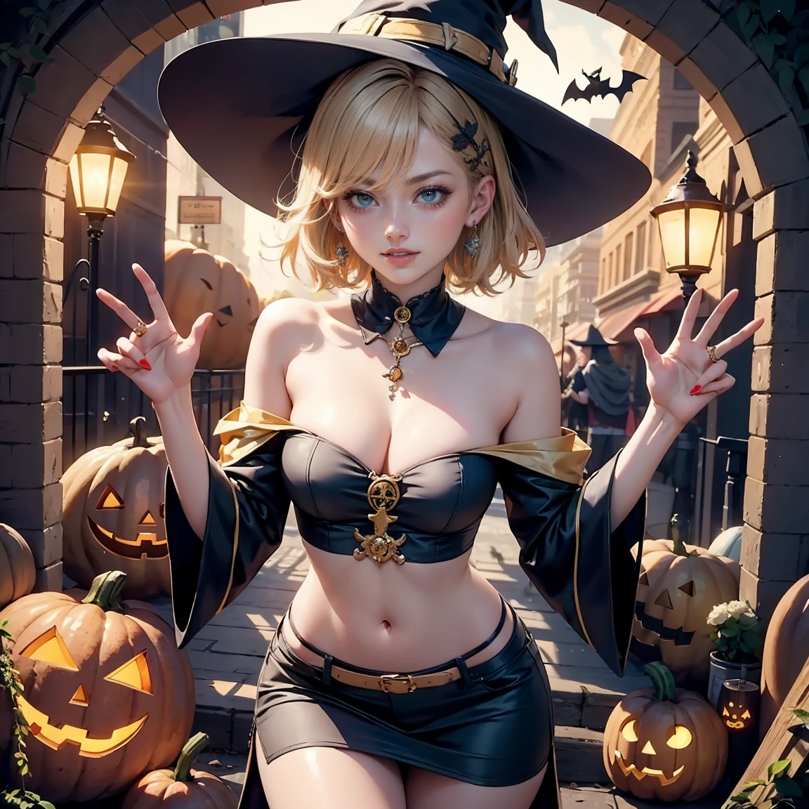 1girl, dress, jewelry, blonde hair, glow hair, flowing hair, ahoge, armpits, witch hat, witch costume, bare shoulders, glow eyes, witch costume for Halloween, Halloween theme, chest sarashi, claw pose, tassel, collarbone, cowboy shot, cute ghost, hair between eyes, hair intakes, halloween, halloween costume, huge ahoge, short hair, looking at viewer, midriff, multicolored hair, witch dress, witch hat on her head, smile, solo, stomach, strapless, streaked hair, thigh gap, thighs, tube top, hair clips, pumpkin lantern, candle, cemetery scenery 