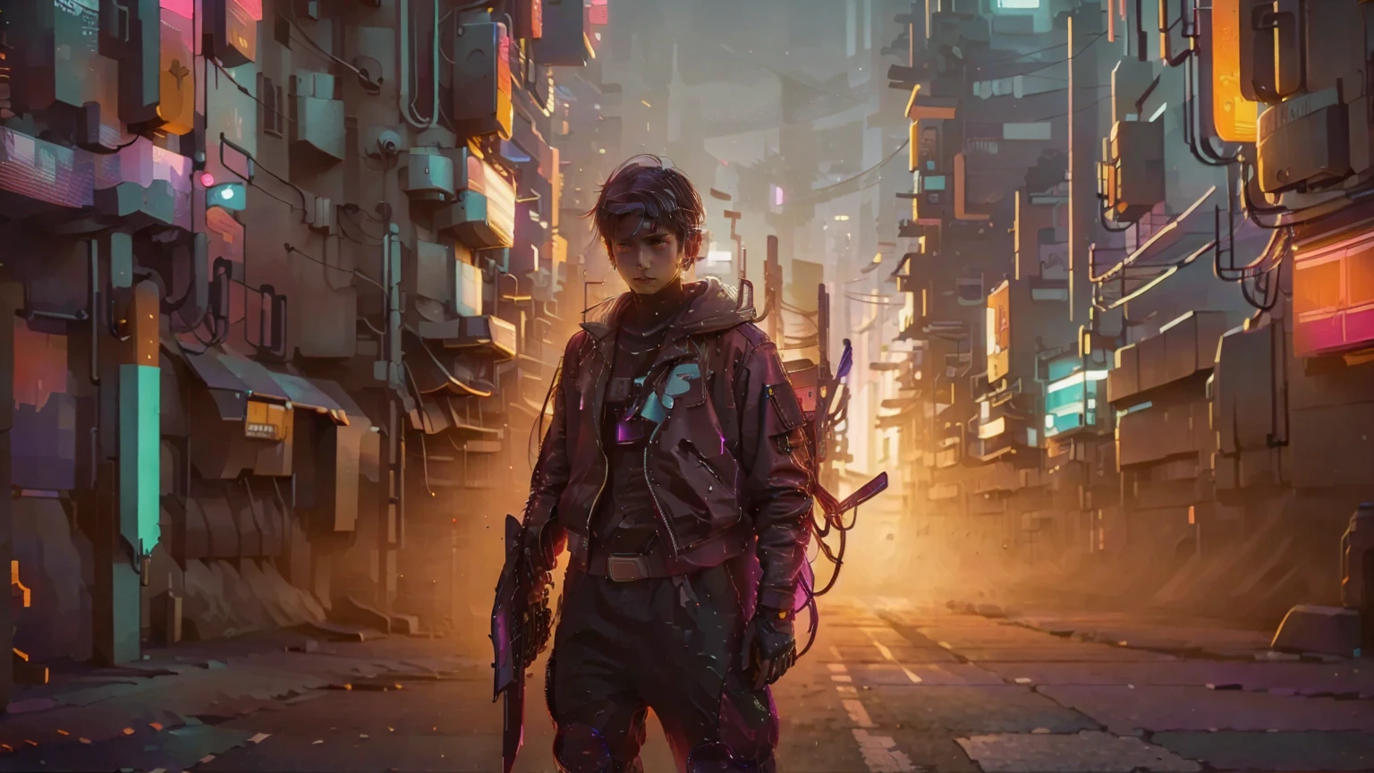  is a 17-year-old man holding a strict 1-meter-long gun made of reddish-purple brown roasted sweet potatoes、Futuristic Soldier Outfit 、Cyberpunk clothing、An electronic device attached to his body 、 Intense Action Scenes 、 cyberpunk cityscape、Neon lights twinkle、Post-apocalyptic、 Movie-like 、 dark atmosphere、night