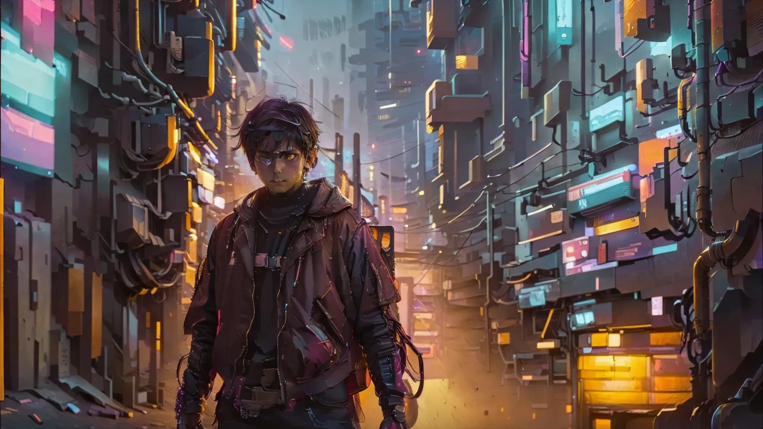  is a 17-year-old man holding a strict 1-meter-long gun made of reddish-purple brown roasted sweet potatoes、Futuristic Soldier Outfit 、Cyberpunk clothing、An electronic device attached to his body 、 Intense Action Scenes 、 cyberpunk cityscape、Neon lights twinkle、Post-apocalyptic、 Movie-like 、 dark atmosphere、night