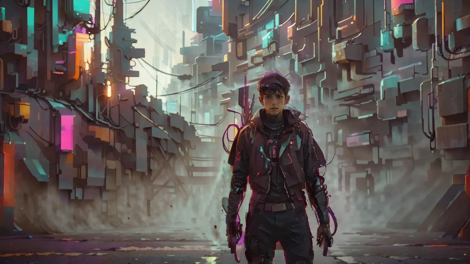  is a 17-year-old man holding a strict 1-meter-long gun made of reddish-purple brown roasted sweet potatoes、Futuristic Soldier Outfit 、Cyberpunk clothing、An electronic device attached to his body 、 Intense Action Scenes 、 cyberpunk cityscape、Neon lights twinkle、Post-apocalyptic、 Movie-like 、 dark atmosphere、night