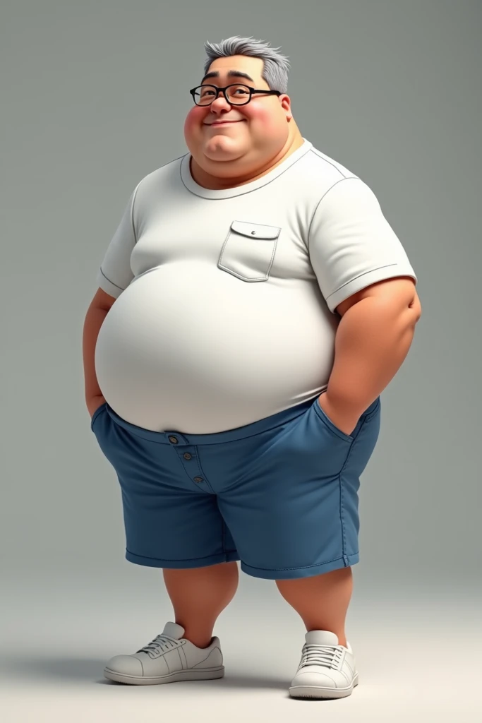 A slightly fat young man with little white hair wearing a white long-sleeved shirt and green shorts and blue glasses