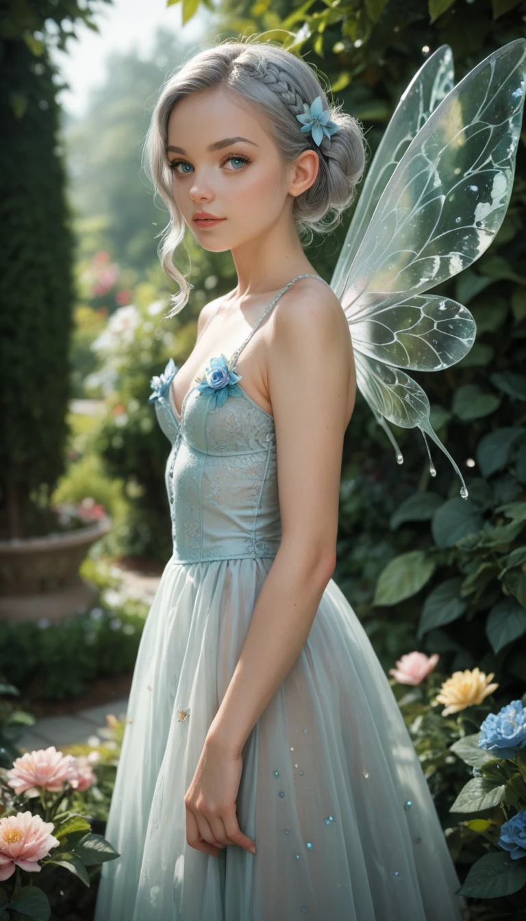Elf girl with long minds, on the head there is a circlet of small flowers, in a long transparent white dress with patterns. In his hands is a staff with a blue stone from which light emanates. Plant a magic tree with flowers that emit light.