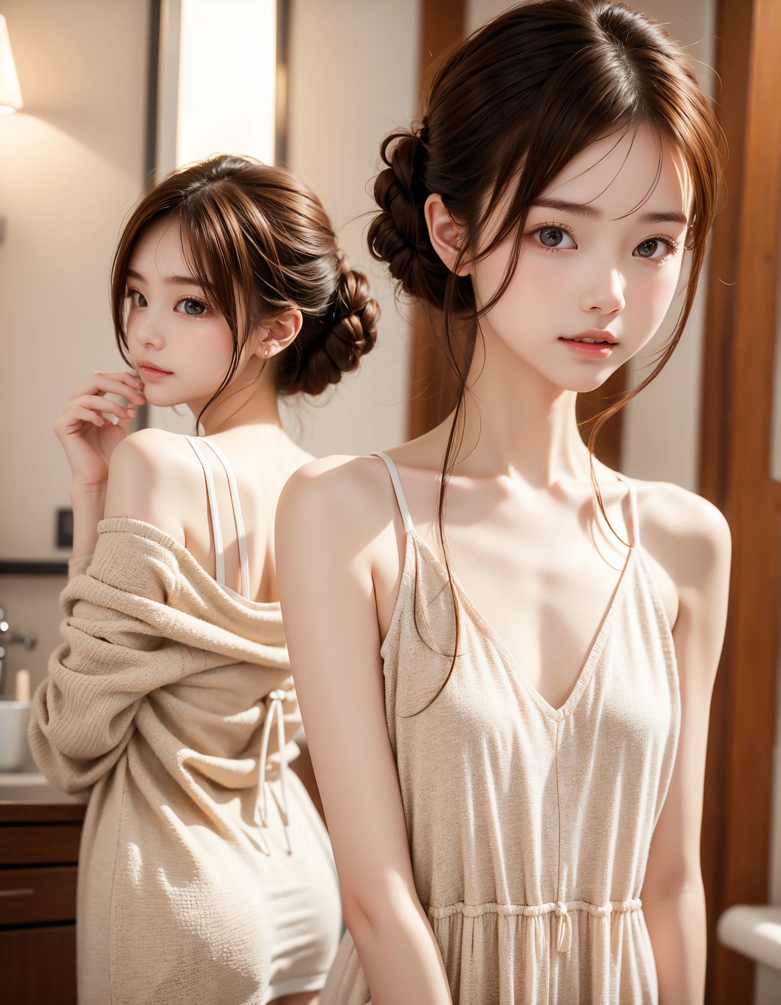 chignon hair,brown hair,slender body,cute pretty girl