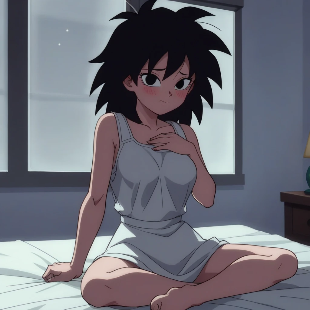 source_anime, score_9, score_8_up, score_7_up, anime screencap, absurd res, official style, gine, 1girl, solo, black hair, medium hair, spiked hair, black eyes, closed mouth, bare shoulders, medium breast, shy, looking at viewers, bed sheet, covering privates, covering with white sheets, hand on own chest, sitting, bedroom, white bed, window at night,