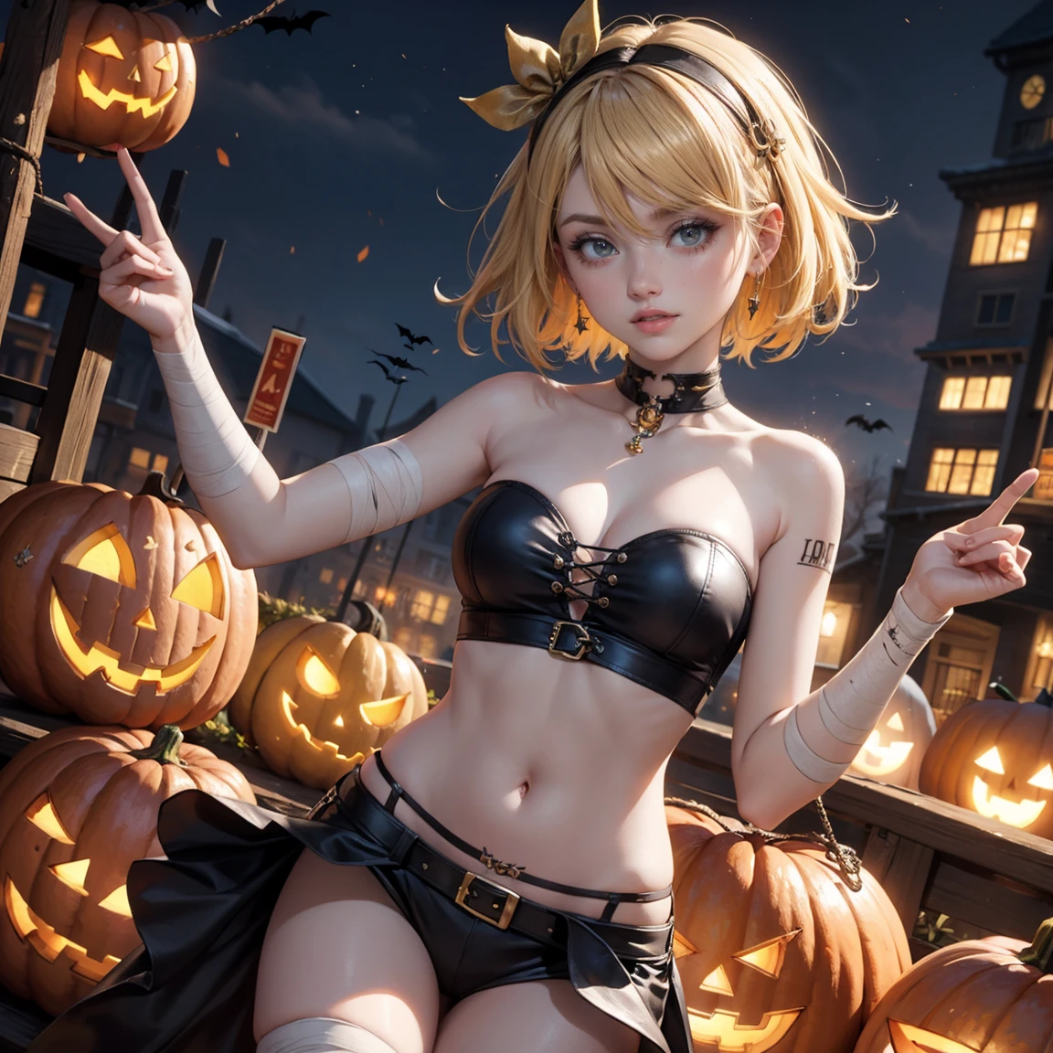 Kagamine Rin, Vocaloid, 1girl, dress, jewelry, blonde hair, glow hair, flowing hair, ahoge, armpits, bandaged arm, bandaged hand, bandaged leg, red tattoo, bandaged neck, bandage chest, bandages all over the body, bandages, bare shoulders, tiara, bow, short hair, glow eyes, mummy costume for Halloween, Halloween theme, chest sarashi, claw pose, tassel, collarbone, cowboy shot, cute ghost, hair between eyes, hair intakes, halloween, halloween costume, huge ahoge, hair clips, looking at viewer, midriff, multicolored hair, mummy costume, smile, solo, stomach, strapless, streaked hair, thigh gap, thighs, tube top, Short hair, pumpkin lantern, candle, cemetery scenery 