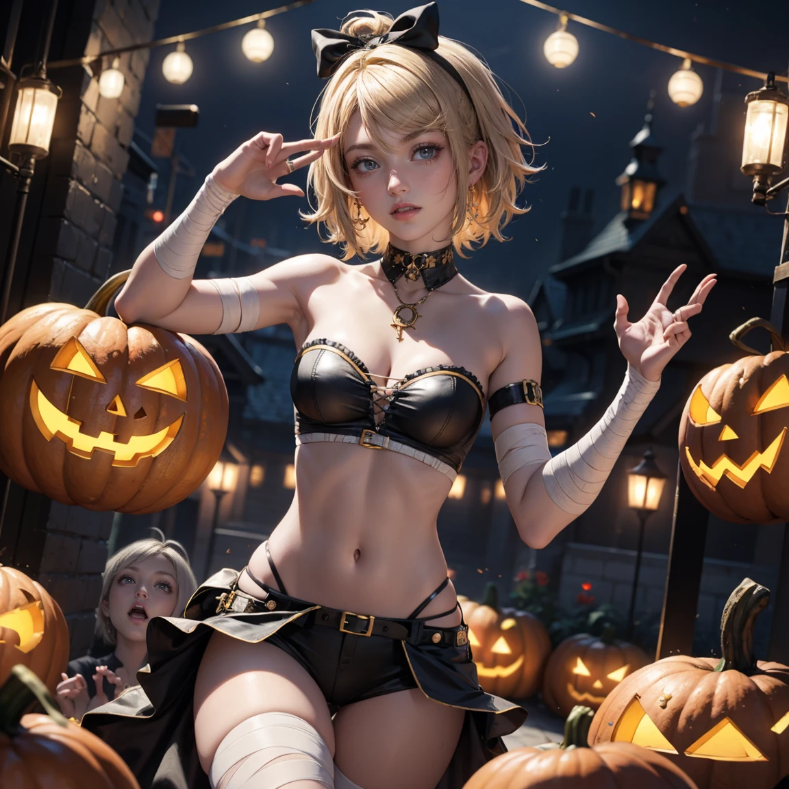 Kagamine Rin, Vocaloid, 1girl, dress, jewelry, blonde hair, glow hair, flowing hair, ahoge, armpits, bandaged arm, bandaged hand, bandaged leg, red tattoo, bandaged neck, bandage chest, bandages all over the body, bandages, bare shoulders, tiara, bow, short hair, glow eyes, mummy costume for Halloween, Halloween theme, chest sarashi, claw pose, tassel, collarbone, cowboy shot, cute ghost, hair between eyes, hair intakes, halloween, halloween costume, huge ahoge, hair clips, looking at viewer, midriff, multicolored hair, mummy costume, smile, solo, stomach, strapless, streaked hair, thigh gap, thighs, tube top, Short hair, pumpkin lantern, candle, cemetery scenery 