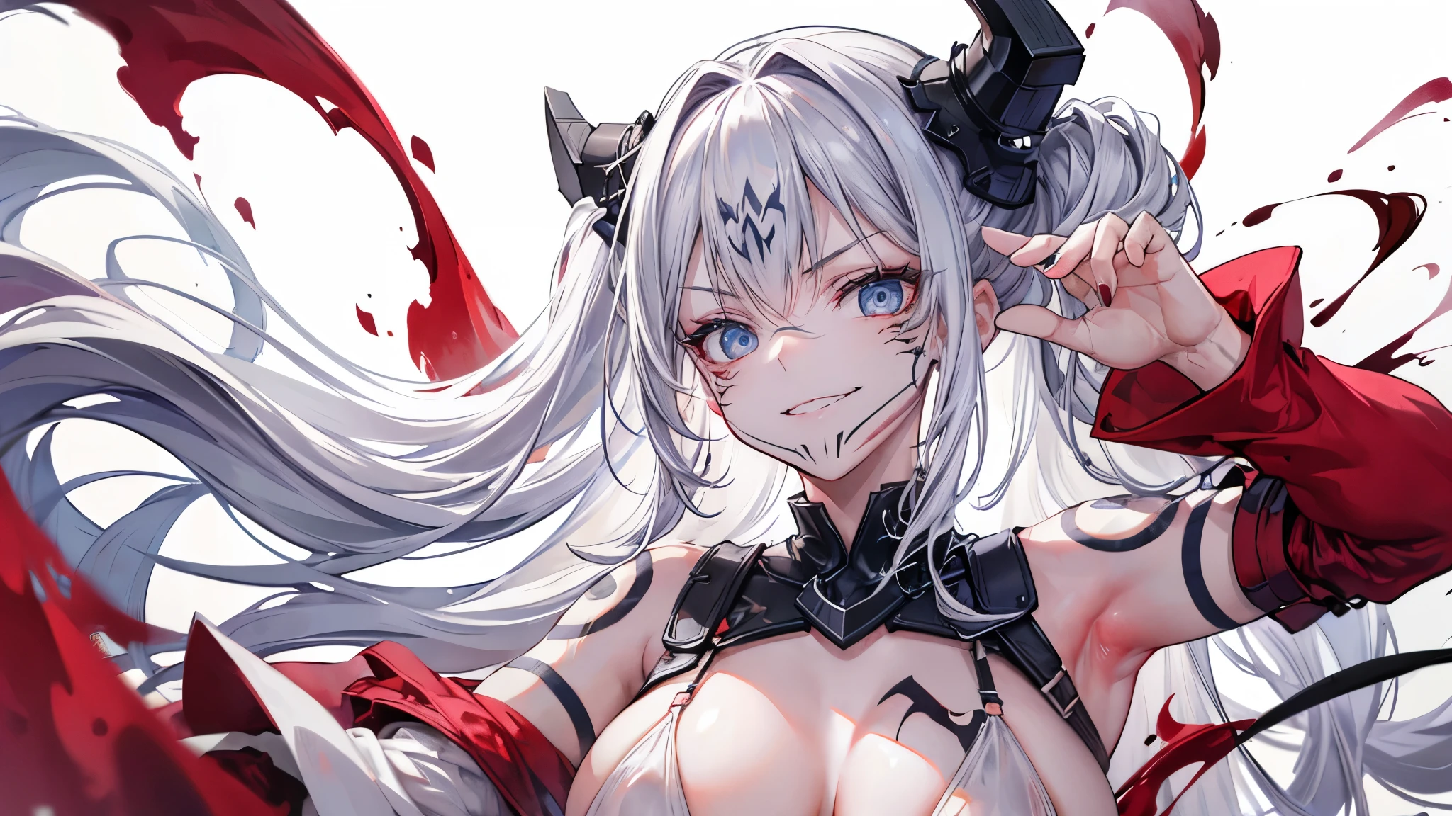 (masterpiece, best quality:1.2), upper body, solo, 1girl, sukuna tattoo, evil grin, looking at viewer, hand on own face, long hair, white hair, blue eyes, extra eyes, v-shaped eyebrows, nudity, thin straps  top, blood stain on top, long white  top hydrated lips, , white background, caustics , big breast, healthy body,  blood on  clothes , red liquid on clothes , sexy poses moving body 