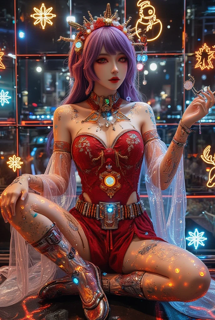 A photorealistic character sheet in a 9x9 grid layout featuring a single consistent character,  Cyberpunk style fatal girl wearing a Christmas costume ,  Each pocket shows a different aspect of her design ,  include a close-up of her eye-catching features ,  such as neon orange or purple hair and sharp eyes with festive cyber implants ,  These implants glow in the dark , Showcasing changes in her costume ,  snowflake patterns that emphasize a smooth Santa costume ,  High-tech accessories such as a magic wand with glowing runes , And avant-garde shoes with bell buckles ,  Add elements such as reindeer and snowflakes and circuits that glow on her skin,  These circuits look like Christmas symbols ,  background should be A dark futuristic cityscape on a Christmas night ,  with neon lights in the shape of a Christmas tree and snowman ,  accentuating the character's bold and mysterious personality 