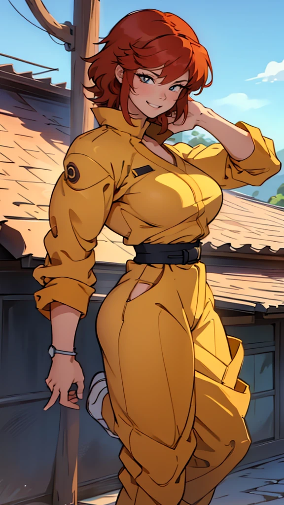 masterpiece, ultra quality, Beautiful detailed, extremely detailed,16K, exquisite, absurdity, highres, Beautiful background, Beautiful eye, Beautiful skin, anime style, 1girl, solo, looking at the viewer, upper body focus, huge breasts, big ass, red_hair, Cameltoe BREAK (((muscular:1.3))), cheeky smile, Cheeky daughter, kung fu pose, One leg is raised high, kick, (i-shaped balance:1.1), perfect anatomy, outdoor, in tight yellow karate outfit