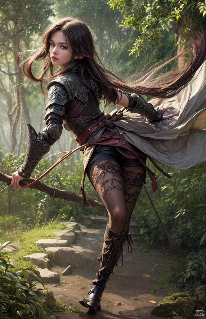 fallen wood,fantastic landscape:1.8,Elves with Spear:1.5,dynamic pose,action:1.6,Elf with a Spear:1.5,flat breasts,dynamic angle,dutch angle shot,ground-level shot,low angle,full body shot,dynamic range,hunter:1.2,One unicorn:1,3, One Girl and One Fairy:1.8,Undulating lakes:1.5,deep-forest:1.3,Blowing in the wind:1.6,Has depth:1.3,(4K), (Raw photo: 1.2), (Realism: 1.4), (masutepiece: 1.3), (exquisite detailing: 1.2), Delicate and beautiful details, (Eye Detail), (Facial Detailed), (Highest Quality) :1.4), (Hyper-Resolution: 1.2),(very detailed illustration), Best Quality, depth of fields, Wide light, natural shadows