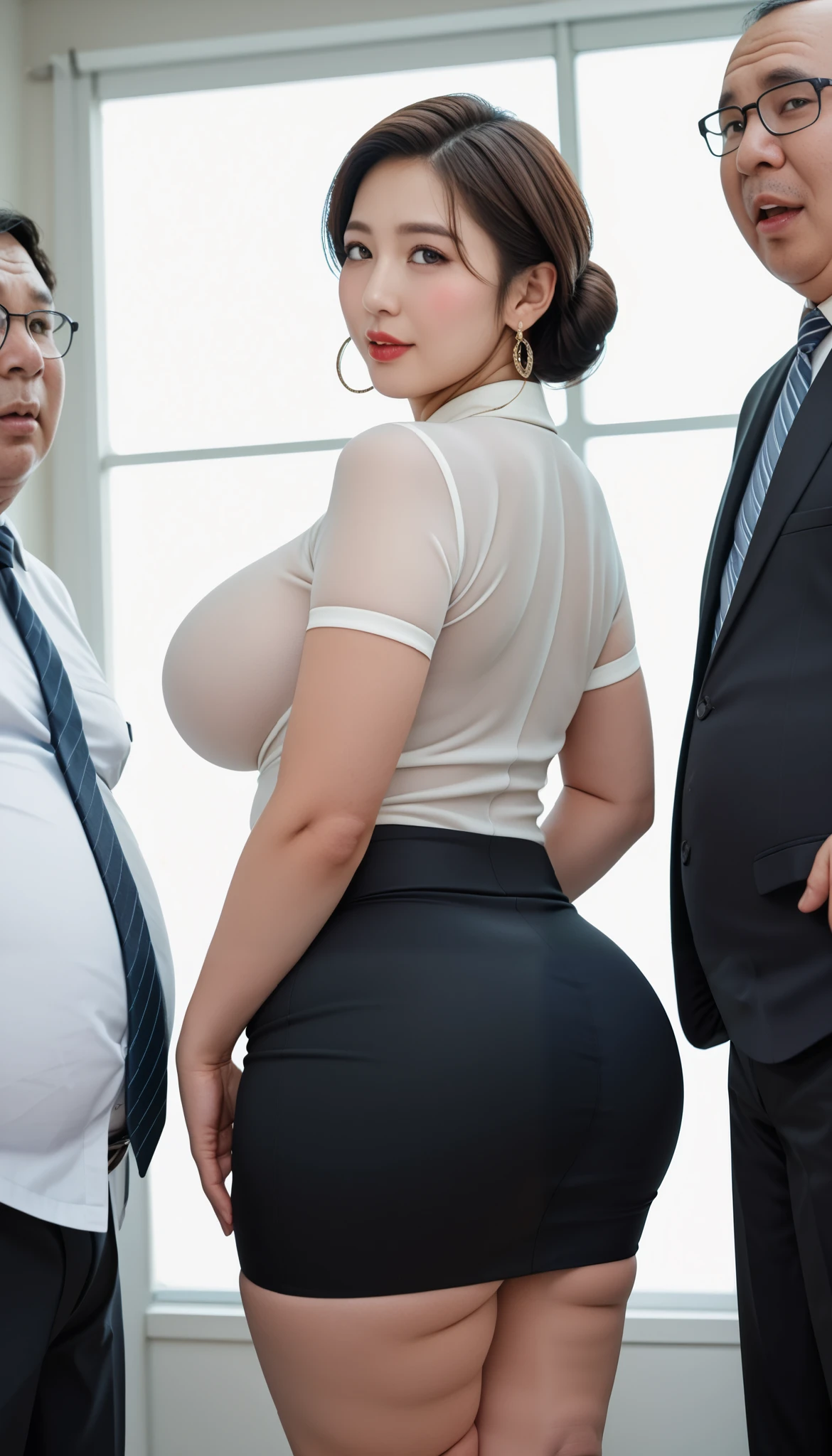 (  best quality , 8k, masterpiece: 1.3), ((((((   surprisingly large breasts   : 1.3))))), (   facial beauty :1.3), ,  ,(suit)、( tight skirt ) ,, (Protruding buttocks)  、 Japanese、 butt focus、Plump、Luscious ass。(Office)、((fat old man near woman))、(vapor)