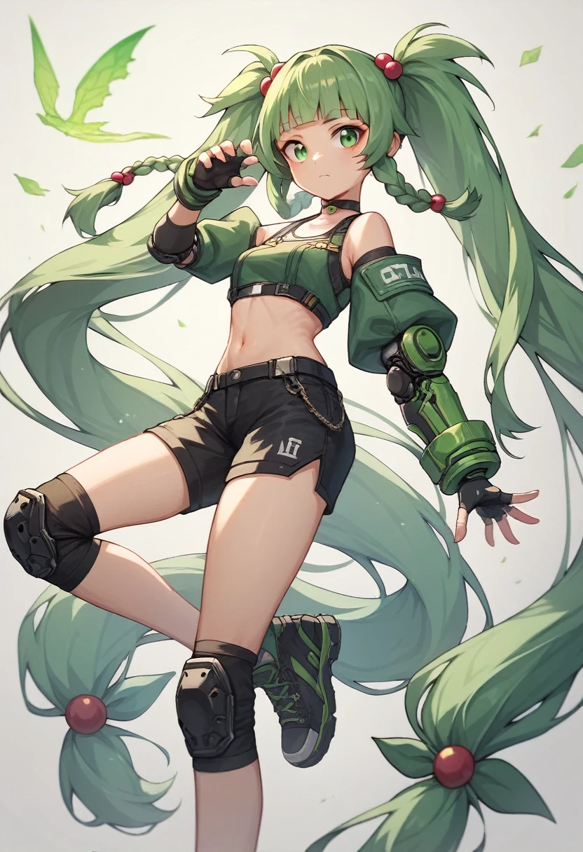 fingerless gloves, black shorts, navel, choker, crop top, knee pads, elbow gloves, black sneakers, gauntlets
qingyi, green eyes, green hair, very long hair, twintails, blunt bangs, hair bobbles, side braids, hair ornament, robot joints