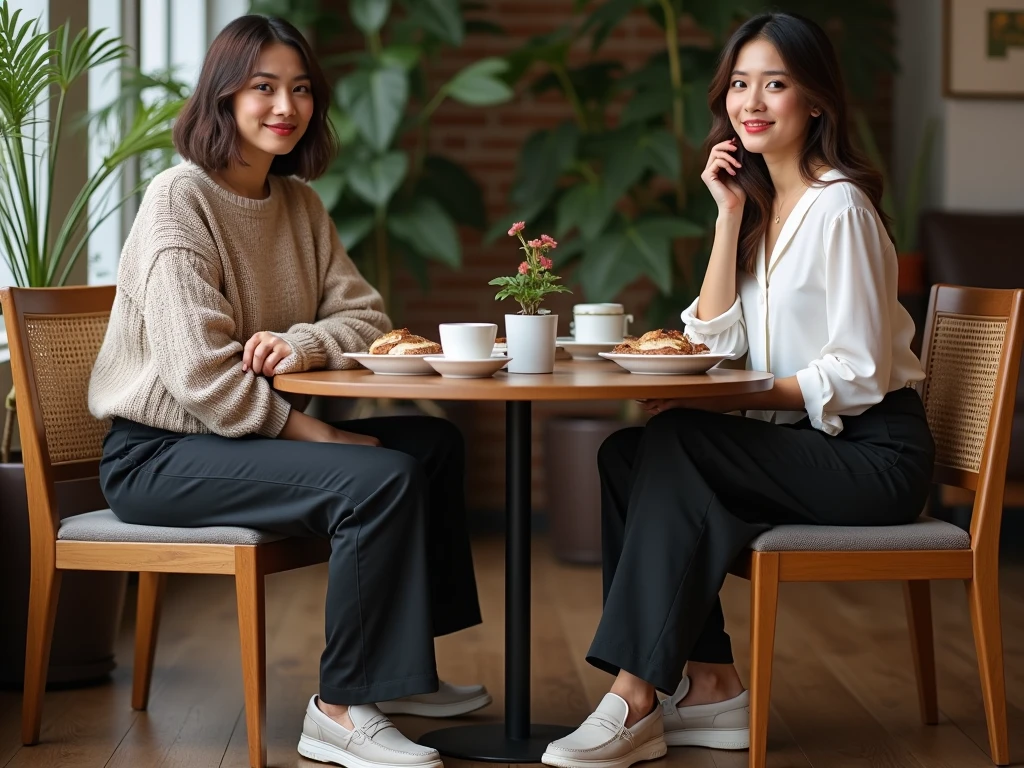 high quality,16K:1.1),(, Two women sitting on chairs in a coffee shop)sit facing each other across a desk、We are chatting、(Full Body Shot:1.2),Black Hair、Short Haircut、ear piercing、smile、Beautiful teeth alignment、((coat、sweater、Skinny jeans、、sneakers)), ,(View your audience:1.3),Coffee shop in the background