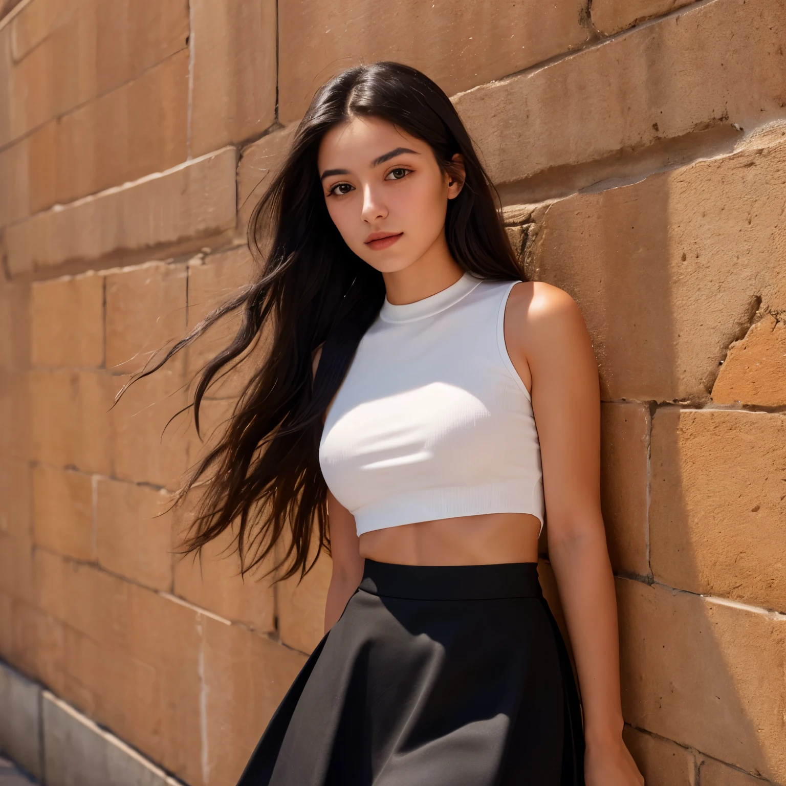 girl, short skirt, blushes, looks at camara, wind blows, black hair,crop top, medium breasts, close to camara,