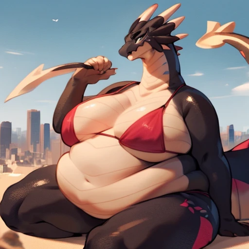 by bebebebebe, by spuydjeks, by spikedmauler, by moonrick, (masterpiece), (best quality), giant dragon, giantess, dragon, voluptuous body, female, female anthro dragon, (wholebody:1.0), scaled, scale skin, (hyper breasts:1.0), (macro:1.0), gaint tail, gaintess, tall anthro, cities, female, female anthro dragon, no hair, no fur, no furred, no furs, smooth skin, cynder, annoyed face, armor, amored, armor leggings, she wearing bikini, detailed face, (overweight:1.7)