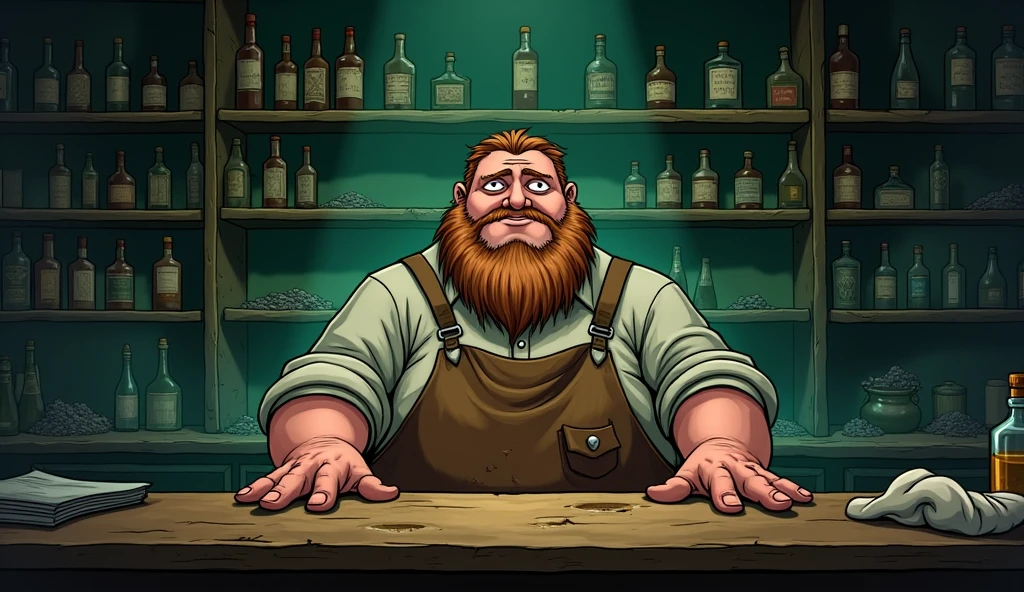 1man,Old West, Bartender, Beer, Whiskey, Liquor Shelf, Huge Mustache, Period Clothing, Old, slight, Skinny, Proboscis, big nose, tiny glasses, Grizzled, elderly, cleaning a mug of beer, Shotgun