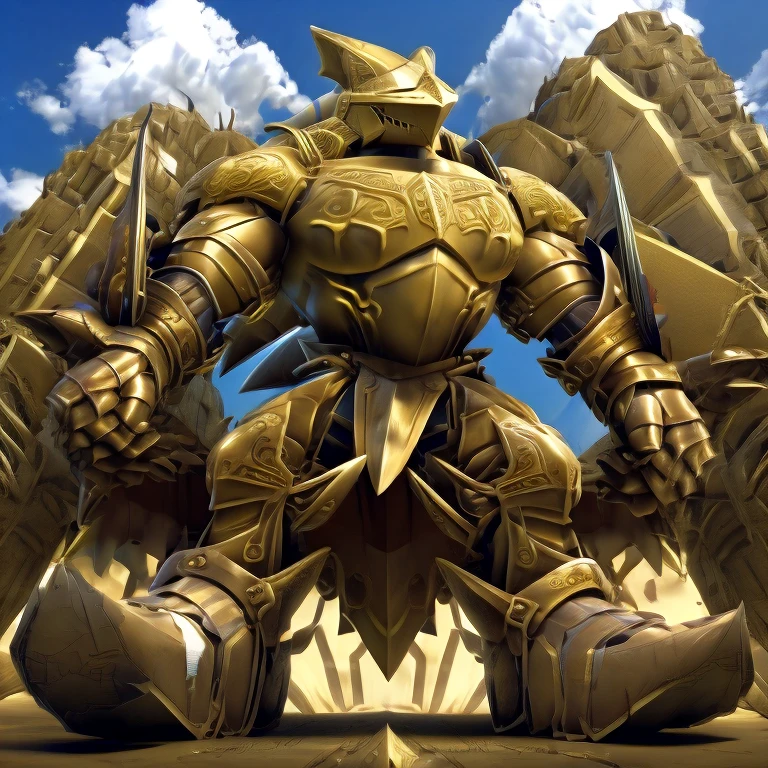 - Excalibur Sonic. Golden Armor. The whole body is golden.
- masterpiece. official art. 8k. best quality. detailed full body. full body.
- no face. wearing a full-face helmet.
- An arrogant expression. smile at the corner of your mouth.
- He with 4 arms.
- large muscles,  big muscle, huge muscles,  massive muscles, bulk up.
- focus GIANT Excalibur Sonic is trampling the city. Looking down. macro. stomp. Low-angle perspective. emphasizing the immense size. He has long legs.
- The nails are sharp. The nails are gold. There are five fingers.
- The toenails are sharp. The toenails are gold. There are five toes.

(Excalibur Sonic, golden armor, helmet, no face, holding sword, red cape, upturned and pointy shoes)