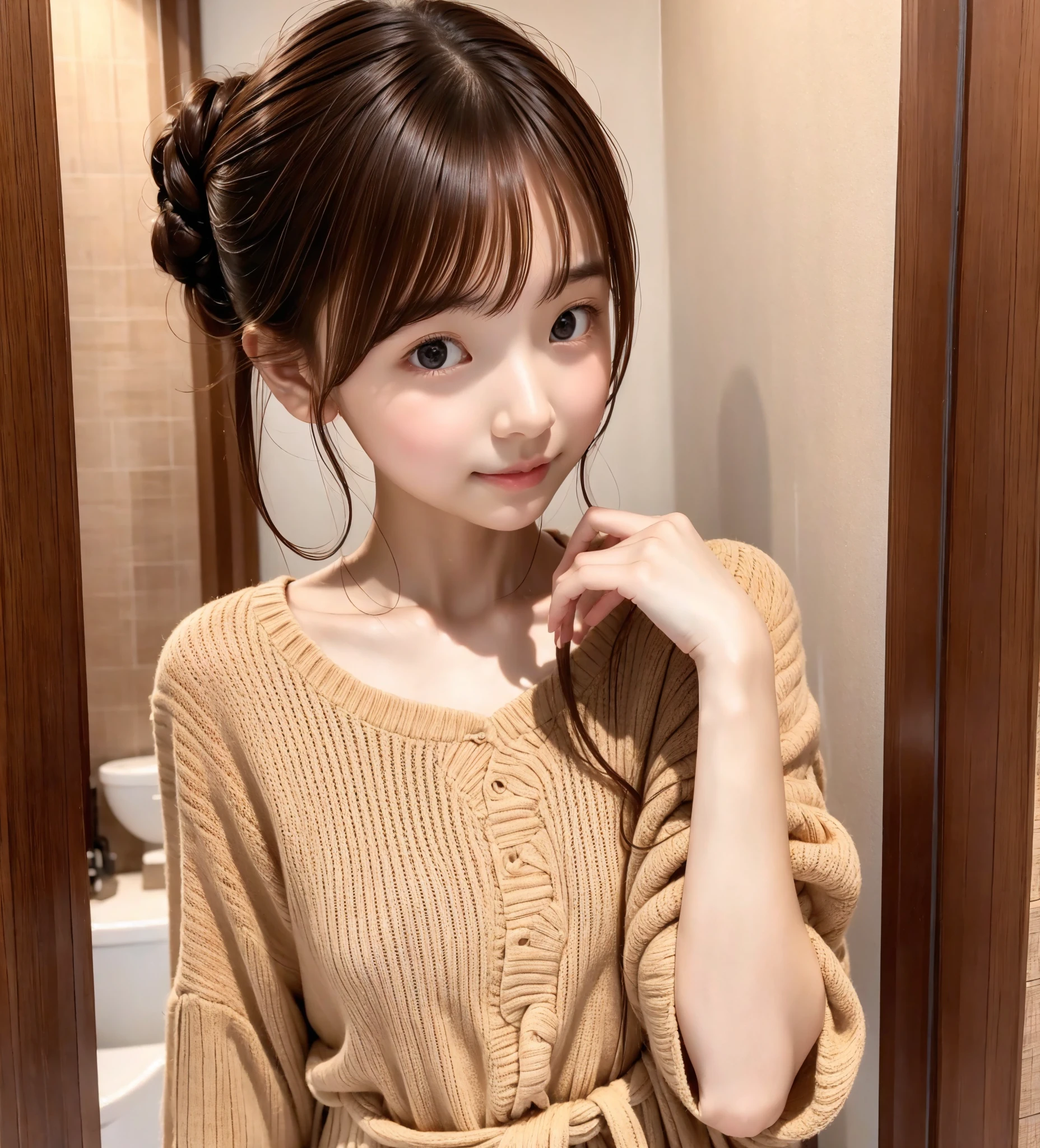 chignon hair,brown hair,slender body,cute pretty girl