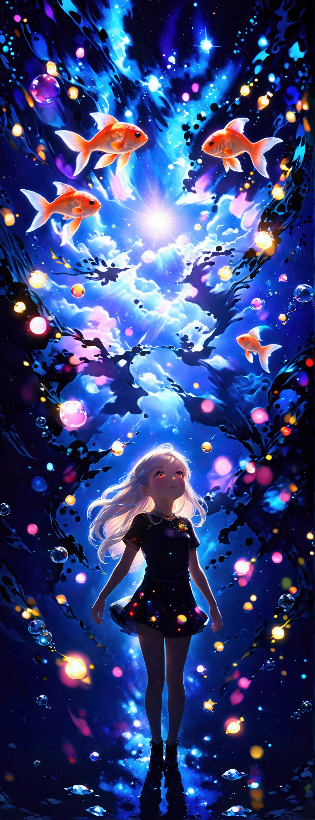 1girl\(cute,student,teenager, JK, hair\(short,silver,floating\), cosmic colored eyes, black color uniform of school, pale skin, tired face with no shine in the eyes\) (looking up:1.4) sky, (many goldfish\(red, beautiful,shiny scales \) in the air), (crystal clear bubbles as if underwater are shining prism here and there in the sky), beautiful sky, (colorful aurora:1.5),(vivid color:1.4), there are puddles at ground and the landscape is reflecting beautifully, Looking up from the back alley of a cramped slum to the wide open sky, summery colorful crystal flowers are blooming here and there, you can see flowing wind shining, noonday moon and noonday stars in the sky,from below. BREAK .quality\(8k,wallpaper of extremely detailed CG unit, ​masterpiece,hight resolution,top-quality,top-quality real texture skin,hyper realisitic,increase the resolution,RAW photos,best qualtiy,highly detailed,the wallpaper,cinematic lighting,ray trace,golden ratio\)