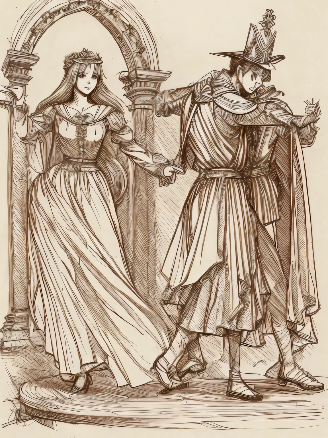 (davincisketch),(fullbody),Ball, Gentle Dance Dress, Castle Party, Lady, Count, Western Dance Party, Detailed Shadows,, mythology style, picture book world, sinister atmosphere, wonder atmosphere,(manga style), (sketch), (illutration)