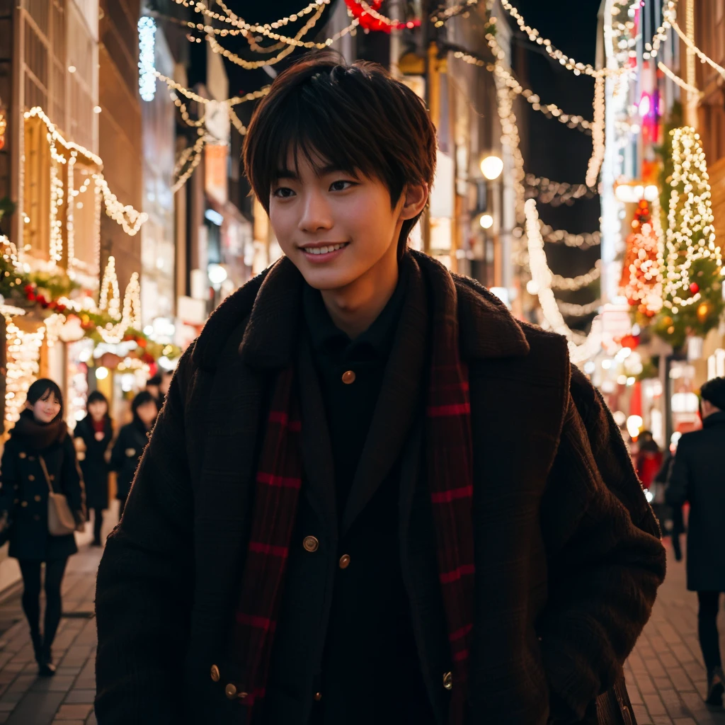 Two young Japanese college students, both handsome and slender, walk through a Christmas-lit street in Shibuya. Dressed in stylish winter clothes, they share a romantic atmosphere like a newly dating couple. The vibrant city is adorned with festive decorations and glowing illuminations, reflecting warmly on their faces as they exchange subtle smiles.