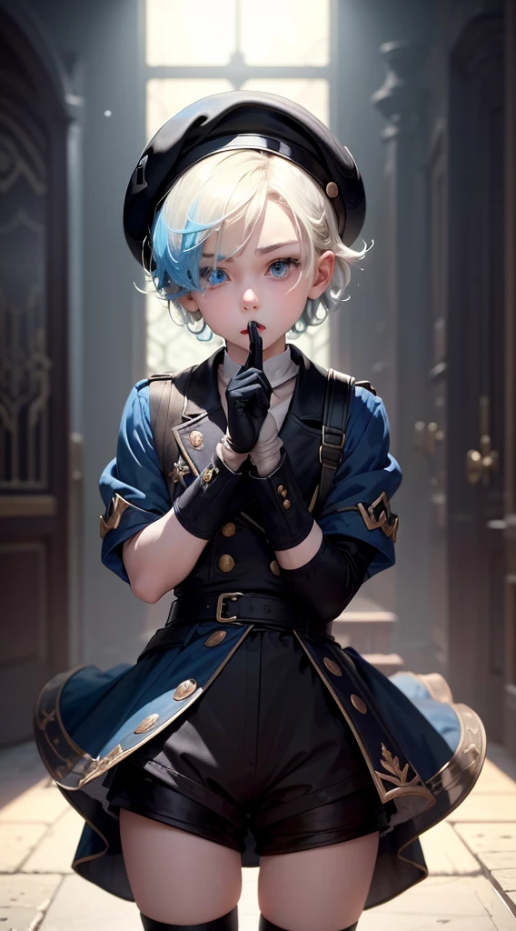 freminet, 1 boy, solo, looking at viewer, short hair, open mouth, blue eyes, gloves, hat, parted lips, hair over one eye, black headwear, beret, one eye covered, reaching towards viewer, Naked