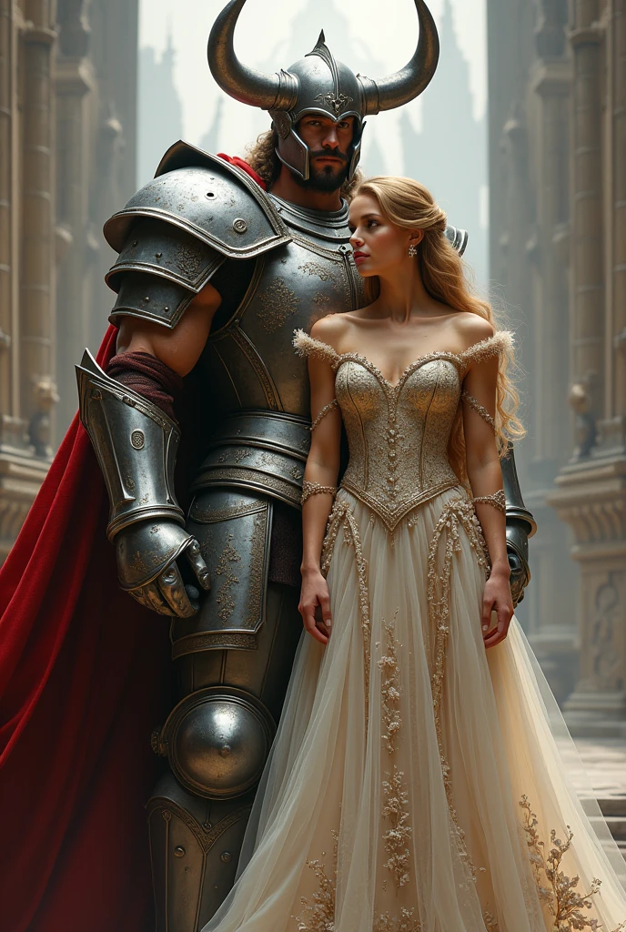 Full body shot,fantasy world,1 male and 1 female, female housewife,detailed face features,thin and delicate figures,long flowy hair,long house dress,and heels, male knight,detailed face features,huge,muscular,short hair,dark leather armor,armored pants,armored boots, standing straight,romantic pose,serene expression,facing straight to viewer,field background