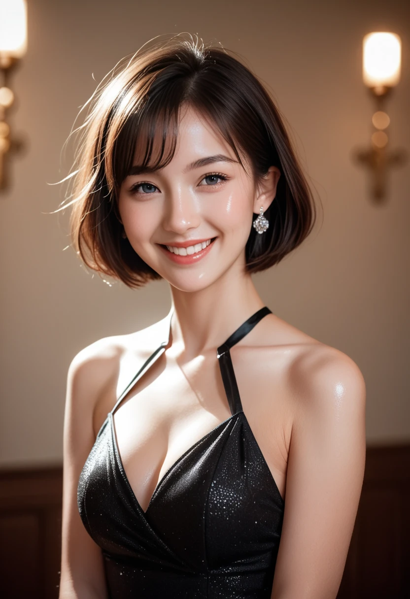 A young attractive woman, short hair, smile, black elegant dress with shiny dress, hyper realistic absurd, raw photo, 8K UltraHD, high quality, film grain, Soft lighting, (highly detailed skin:1.2), american shot,