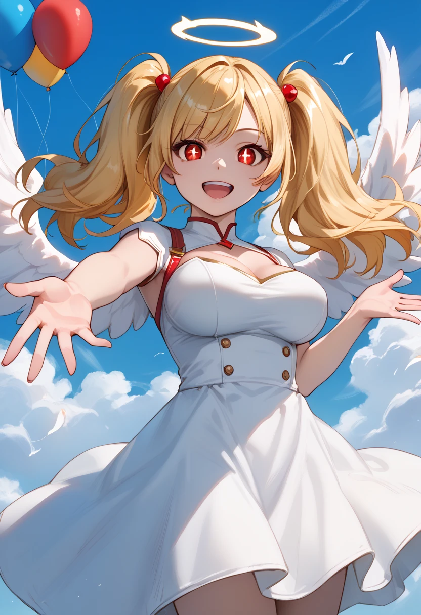 score_9_up, score_8_up, score_7_up, solo, source_anime, 1girl, super hero girl, +_+, bright pupils, detailed eyes BREAK 

Large breasts, Blonde hair, red eyes, twintails, big hair BREAK 

White dress, feathered wings, angel wings, halo BREAK 

Open mouth, smile, looking at viewer, standing, outdoors, background sky, cloudy sky, blue sky, balloons, outstreched arms, reaching to viewer BREAK 