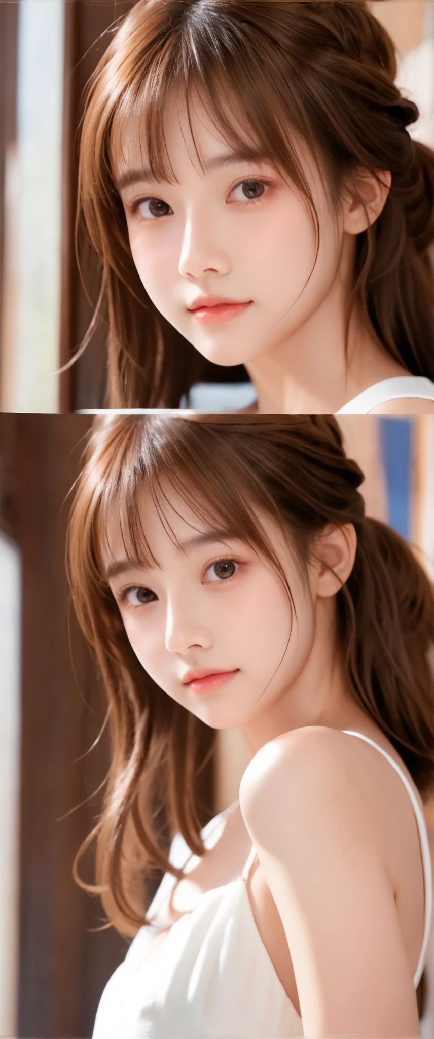 chignon hair,brown hair,slender body,cute pretty girl