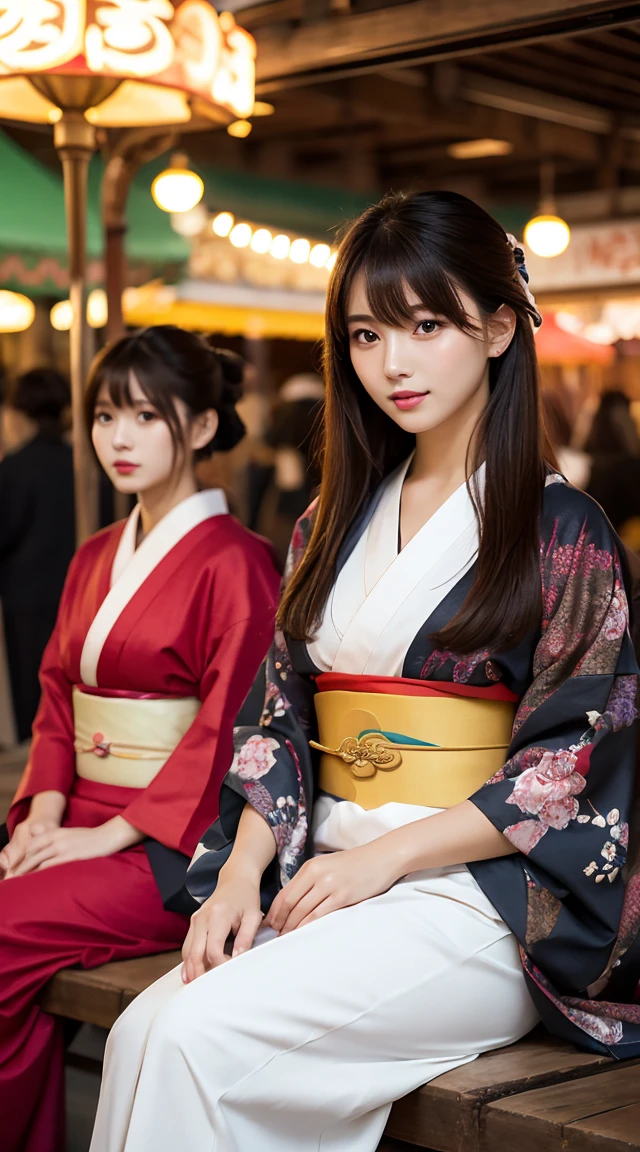 ((1人のwoman)),8k, masterpiece,  super detailed,  High Quality , 最 High Quality ,  high definition ,woman,( full body photo), Movie Lighting, Three Girls Seated in the Correct Position ,(( beautiful woman wearing a kimono at the fair)),,Mr.々Kimono with a pattern , light brown hair straight bangs at Starbucks,, 肩よりLong Hair, Long Hair,  slender figure, Delicate lips,  beautiful eyes, The eyes are light brown,  Perfect Skin,(Realistic:1.3),((Festivals))