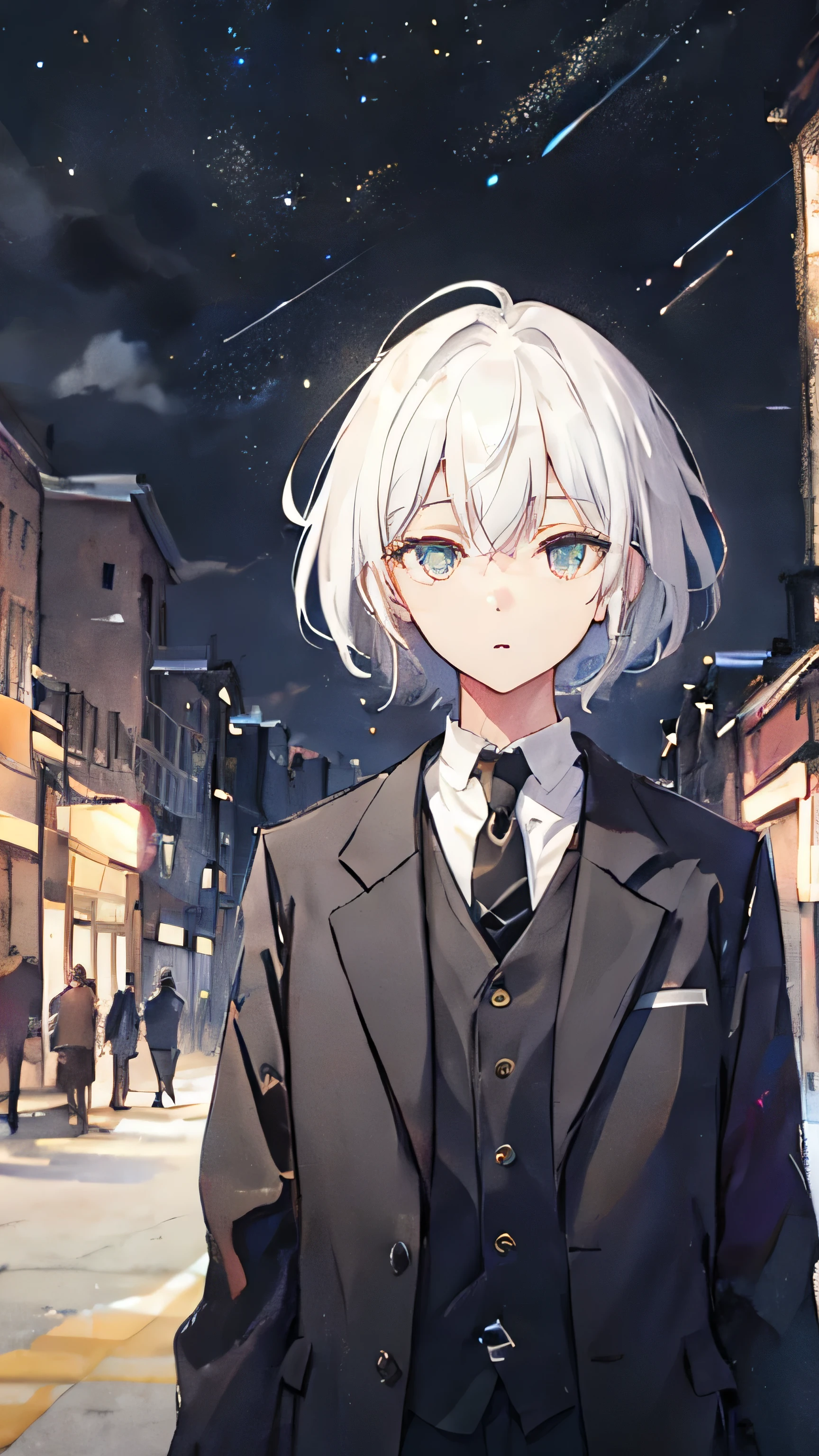   girl，White Hair，  short hair， [Strange Eyes ， front，Only the upper body is visible，  美しい starry sky を見に ，Watching from afar, black suit, black tie, black jacket , black background, starry sky 