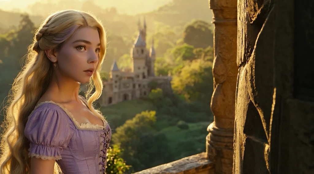 zwx woman, Anya Taylor-Joy, ((standing on a stone balcony)), long wavy blonde hair, fair skin, striking facial features, arched eyebrows, full lips, ((lavender off-the-shoulder dress with intricate lace detailing)), ((castle-like structure in the background)), lush green landscape, golden hour sunlight, warm and soft lighting, ((fairytale-like atmosphere)), serene and magical quality, ((detailed realism)), cinematic, photorealistic, (((Realistic, photorealistic: 1.9))), (8k, RAW photo, top quality, masterpiece), ((Highly detailed skin: 1.2)), ((well dressed, elegant pose)), waist-length hair, soft facial lighting, perfect figure, smooth textures, ((((lavender lace dress detail: 1.5)))), natural environment, wide shot, cinematic photography, ultra-detailed surroundings, atmospheric depth, photography focus.