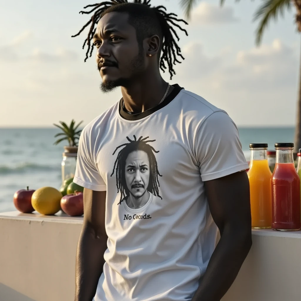 handsome medium black man with shaved hair , thin, Sportswear , ( white t-shirt that reads the phrase "No Gods" and the image of a man vitruvian. minimalist t-shirt print . tennis), on the beach , leaning against a counter full of fruits and fruit juices, most incredible image in the world