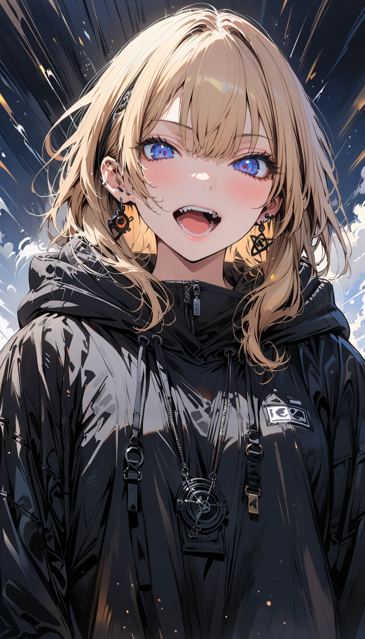 (masterpiece, best quality:1.2, dynamic angle), 1 woman, alone, solo, ((stylish street clothes)), ((tinged with the entertainment: 1.3)), looking at viewer, crazy expression, dynamic pose, (blond hair), beautiful mature woman