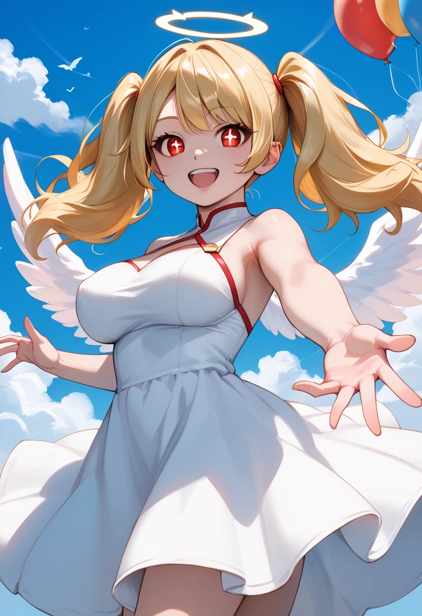 score_9_up, score_8_up, score_7_up, solo, source_anime, 1girl, super hero girl, +_+, bright pupils, detailed eyes BREAK 

Large breasts, Blonde hair, red eyes, twintails, big hair BREAK 

White dress, feathered wings, angel wings, halo BREAK 

Open mouth, smile, looking at viewer, standing, outdoors, background sky, cloudy sky, blue sky, balloons, outstreched arms, reaching to viewer BREAK 