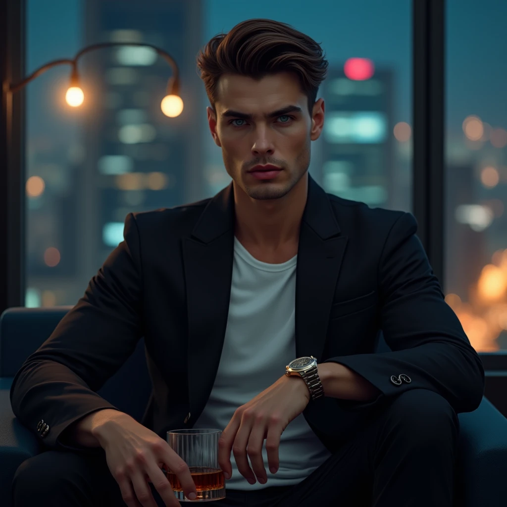 men chillin in sofa late at night while watching city lights from his apartment windows and holding glass of coctail