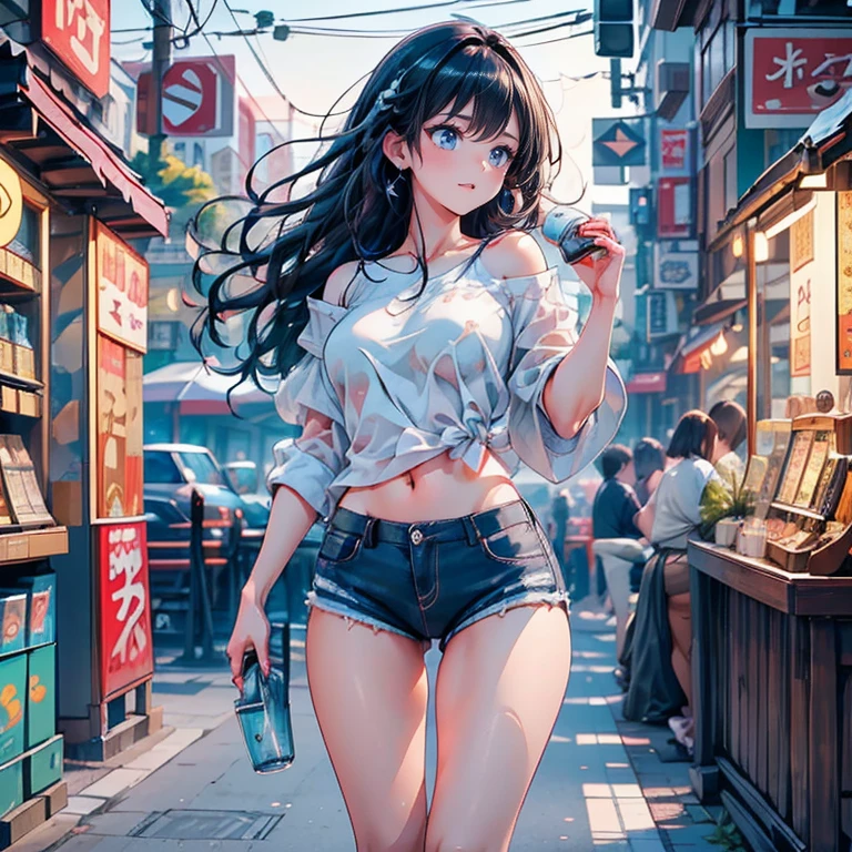 Full body Waifu beautiful detailed eyes, beautiful detailed lips, extremely detailed eyes and face, longeyelashes, 1girl, sensual, young woman, sexy medium / large breasts, beautiful feminine face, nice sexy thighs, slim, sexy, erotic, beautiful fashion clothes, perfect body, perfect anatomy of female, cinematic lighting Perfect hands、Perfect Fingers、Perfect Anatomy、1 female ((highest quality)), ((masterpiece)), best quality,4k,8k,highres,masterpiece:1.2),ultra-detailed, extremely detailed eyes, extremely detailed body, (large masterpiece digital art), (detailed manga illustration), (detailed line art), ((perfect anatomy)), (intricate details:1.3), (ultra-detailed:1.3), (illustration:1.3), (sharp focus:1.3), (natural lighting:1.05), (vivid colors:1.3), (masterpiece), (best quality:1.4), (perfect anatomy:1.4) (best quality:1.2, masterpiece, anime) ((masterpiece)), ((best quality) Super detailed, high resolution, Extremely detailed CG, CG unity, official art, Professional lighting, Perfect anatomical structure, Anime Colors), (/full-body shot /Cowboy shooting), (/Front view/side view/Top view/Top view), Looking at the audience, rest one, 24 years old, Beautiful women, (((alone))), Medium Breast, Perfect body, Slim body, /black /White T-shirt, Bare shoulders, Bare belly, Denim shorts, /Hole, Bare legs, nail_polishing, White skin, silky skin, Black Hair, Long hair, Single ear side lock, Waterfall-like straight hair, blue eyes, long upper eyelashes, Upper Eye, beautiful eyes, delicate eyes, (Smile), Sexy and cute, Detailed face, rest (Night:1.5), Tokyo, (convenience store:1.3), outdoor, Detailed background, Clear focus, Depth of Field, bokeh, Perfect layer cutting, rest walking, Waiting for friends, (((Holding in hand /a cup of coffee /A bottle of water )))